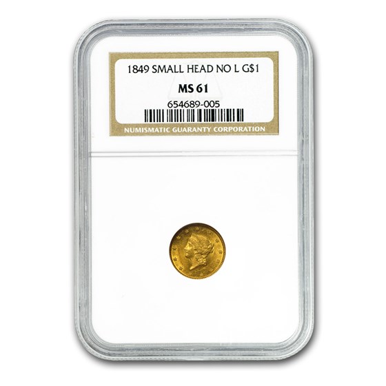 1849 $1 Liberty Gold Small Head Open Wreath No L MS-61 NGC 1849 $1 Liberty Gold Small Head Open Wreath No L MS-61 NGC