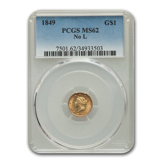 1849 $1 Liberty Gold Small Head Open Wreath No L MS-62 PCGS 1849 $1 Liberty Gold Small Head Open Wreath No L MS-62 PCGS