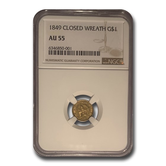 1849 $1 Liberty Head Gold AU-55 NGC (Closed Wreath)