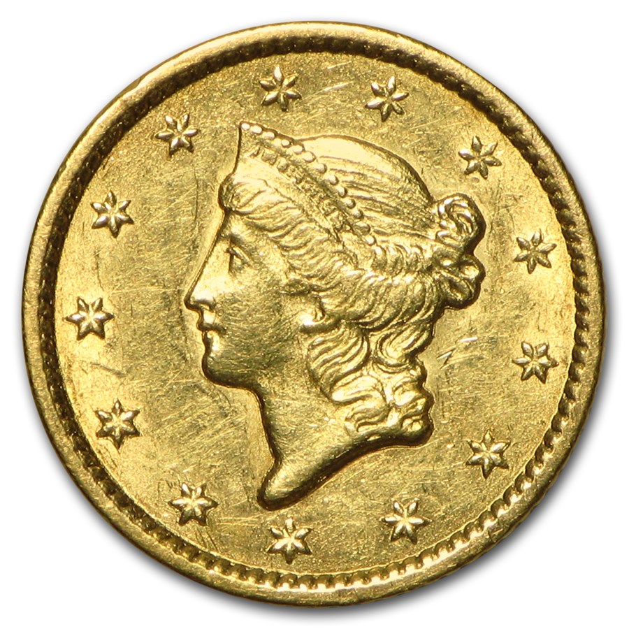1849 $1 Liberty Head Gold Dollar Closed Wreath AU