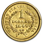 1849 $1 Liberty Head Gold Dollar Closed Wreath AU