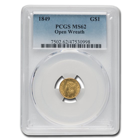1849 $1 Liberty Head Gold Dollar MS-62 PCGS (Open Wreath)