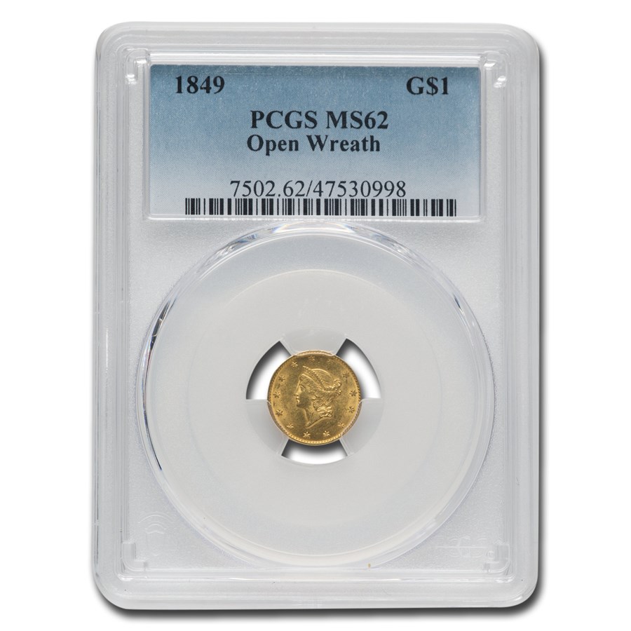 1849 $1 Liberty Head Gold Dollar MS-62 PCGS (Open Wreath)