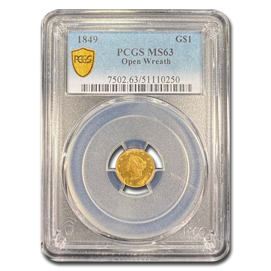 1849 $1 Liberty Head Gold Open Wreath MS-63 PCGS 1849 $1 Liberty Head Gold Open Wreath MS-63 PCGS