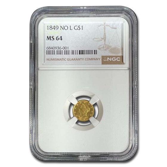 1849 $1 Liberty Head Gold Open Wreath No L MS-64 NGC 1849 $1 Liberty Head Gold Open Wreath No L MS-64 NGC