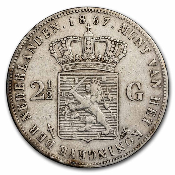 1849-1874 Netherlands Silver 2 1/2 Gulden William III Avg Circ 1849-1874 Netherlands Silver 2 1/2 Gulden William III Avg Circ