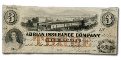 1849 $3.00 Adrian Insurance Co., Adrian MI, VF 1849 $3.00 Adrian Insurance Co., Adrian MI, VF