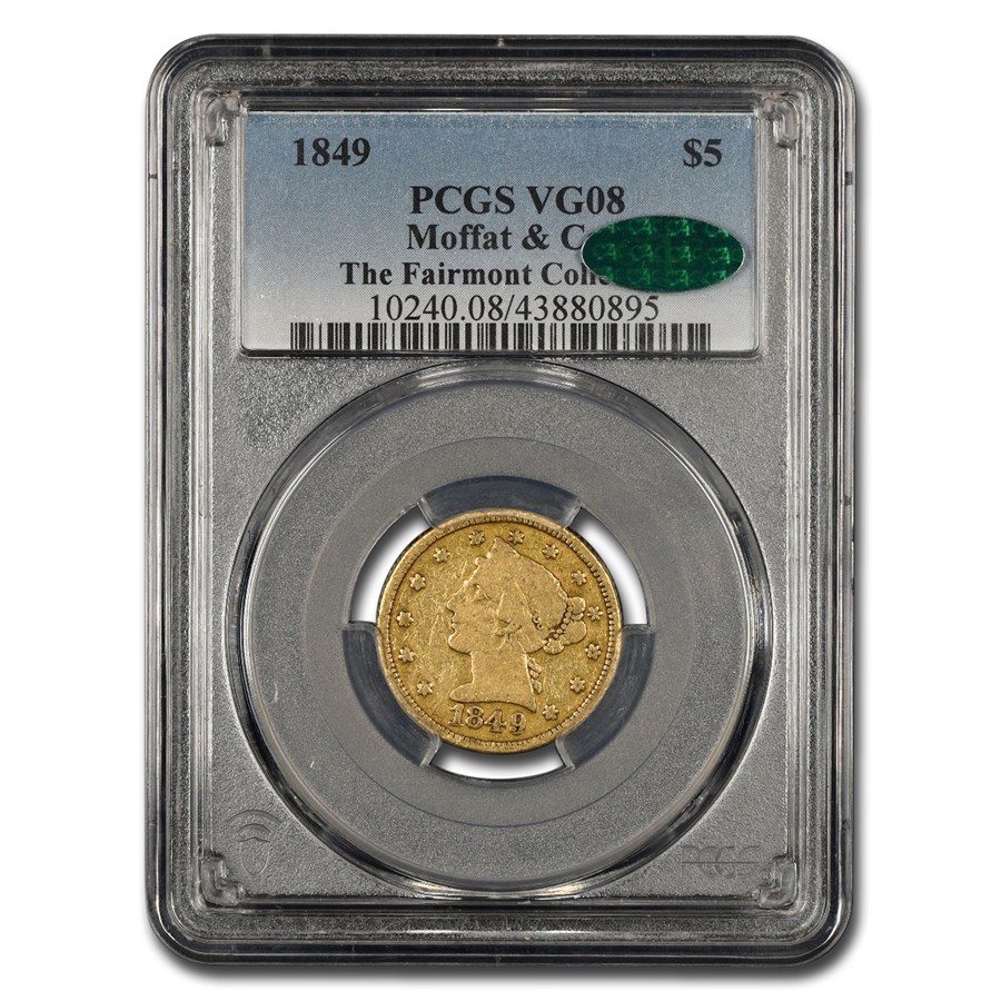 1849 $5 Moffat & Co. Liberty Gold Half Eagle VG-8 PCGS CAC