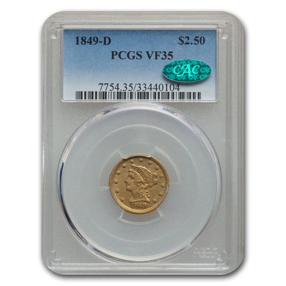 1849-D $2.50 Liberty Gold Quarter Eagle VF-35 PCGS CAC 1849-D $2.50 Liberty Gold Quarter Eagle VF-35 PCGS CAC