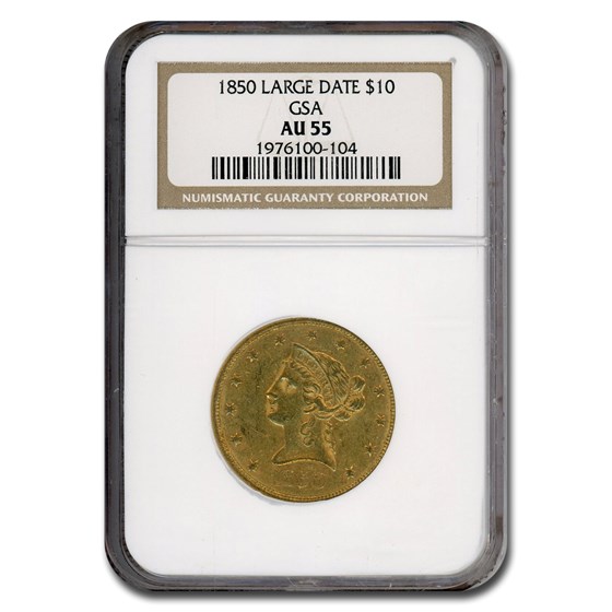 1850 $10 Liberty Gold Eagle AU-55 NGC (Large Date, GSA) 1850 $10 Liberty Gold Eagle AU-55 NGC (Large Date, GSA)