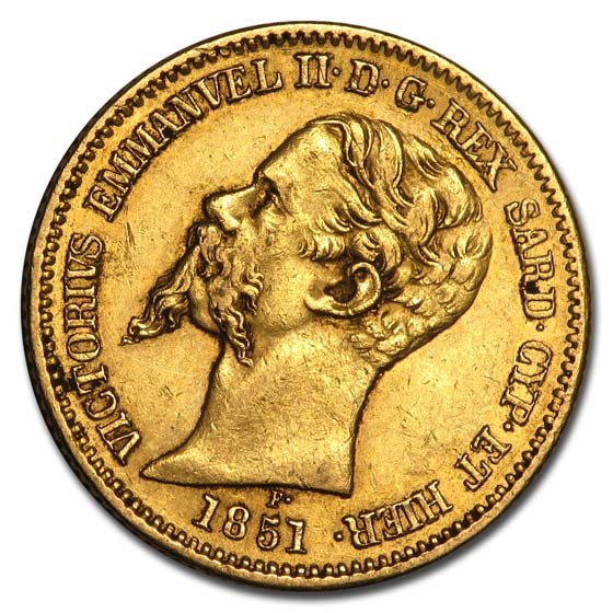 1850-1861 Sardinia Gold 20 Lire Vittorio Emanuele Avg Circ