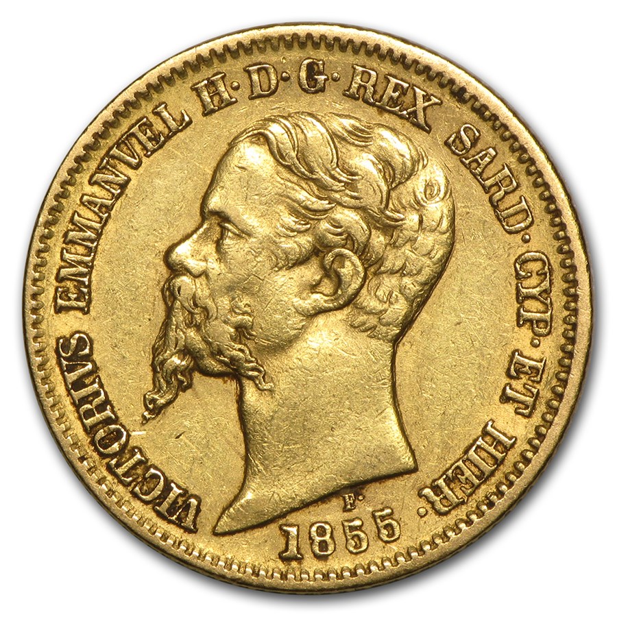 1850-1861 Sardinia Gold 20 Lire Vittorio Emanuele II Avg Circ