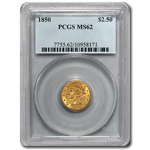 1850 $2.50 Liberty Gold Quarter Eagle MS-62 PCGS 1850 $2.50 Liberty Gold Quarter Eagle MS-62 PCGS