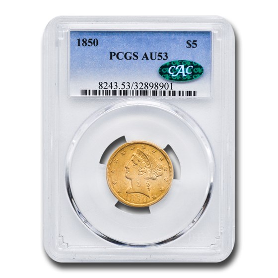 1850 $5 Liberty Gold Half Eagle AU-53 PCGS CAC 1850 $5 Liberty Gold Half Eagle AU-53 PCGS CAC