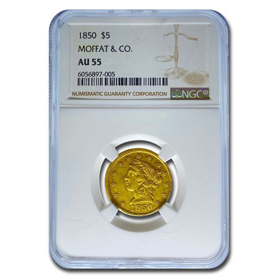 1850 $5 Moffat & Co. Liberty Gold Half Eagle AU-55 NGC 1850 $5 Moffat & Co. Liberty Gold Half Eagle AU-55 NGC