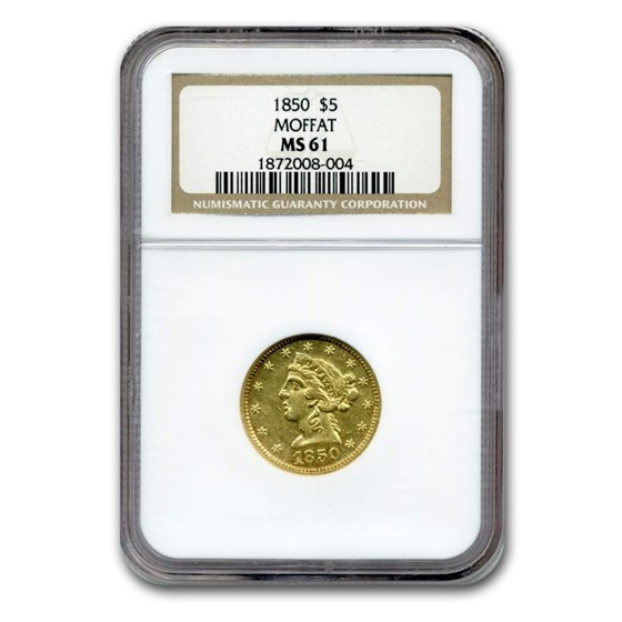 1850 $5 Moffat & Co. Liberty Gold Half Eagle MS-61 NGC 1850 $5 Moffat & Co. Liberty Gold Half Eagle MS-61 NGC