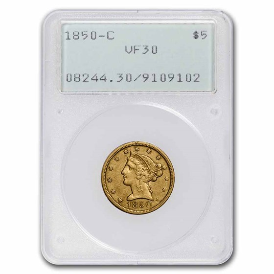 1850-C $5 Liberty Gold Half Eagle VF-30 PCGS (Rattler) 1850-C $5 Liberty Gold Half Eagle VF-30 PCGS (Rattler)
