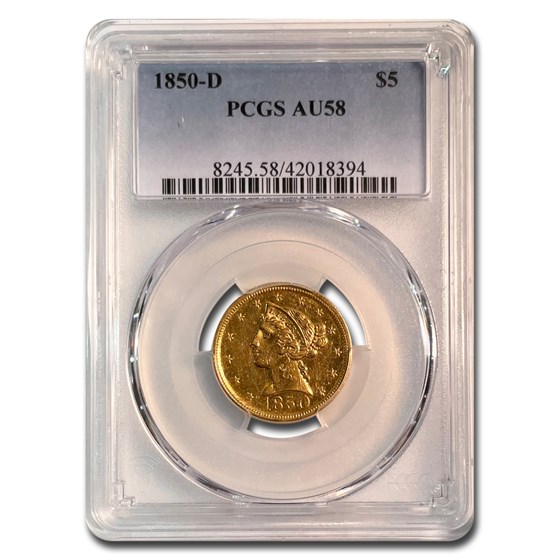 1850-D $5.00 Liberty Gold Half Eagle AU-58 PCGS 1850-D $5.00 Liberty Gold Half Eagle AU-58 PCGS