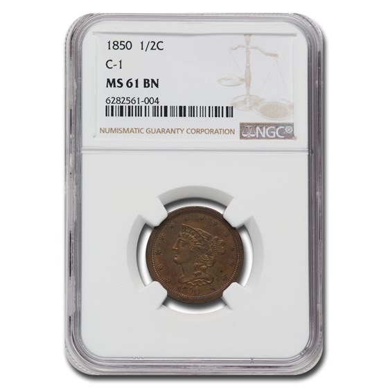 1850 Half Cent MS-61 NGC (Brown, C-1) 1850 Half Cent MS-61 NGC (Brown, C-1)