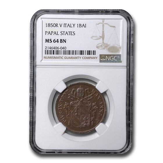 1850-R Italy Papal States Baiocco Pius IX MS-64 NGC (Brown)