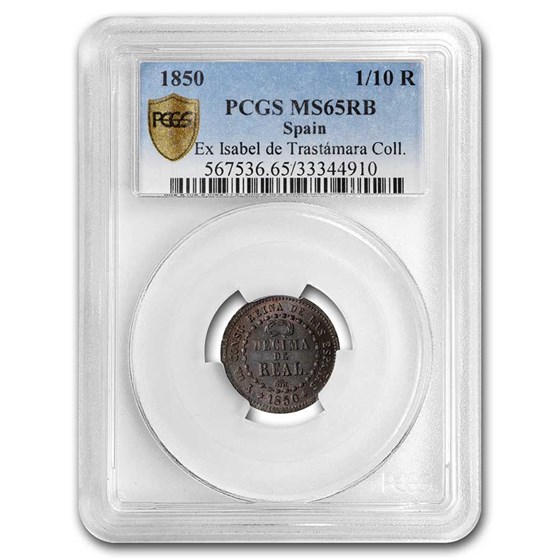 1850 Spain Copper 1/10 Real MS-65 PCGS (Red/Brown)