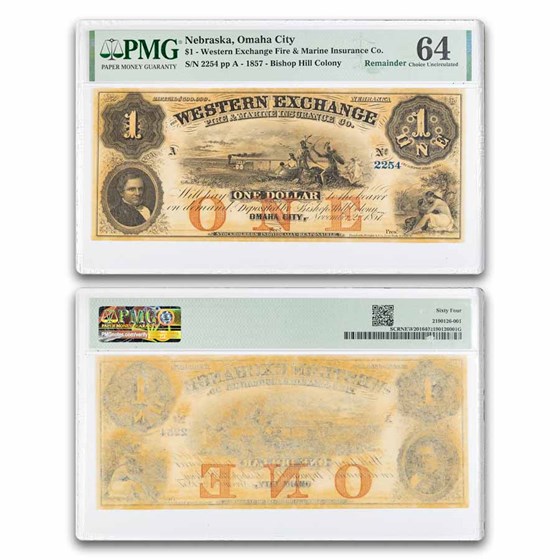 1850s $1 Western Exchange Omaha City, Nebraska CU-64 PMG
