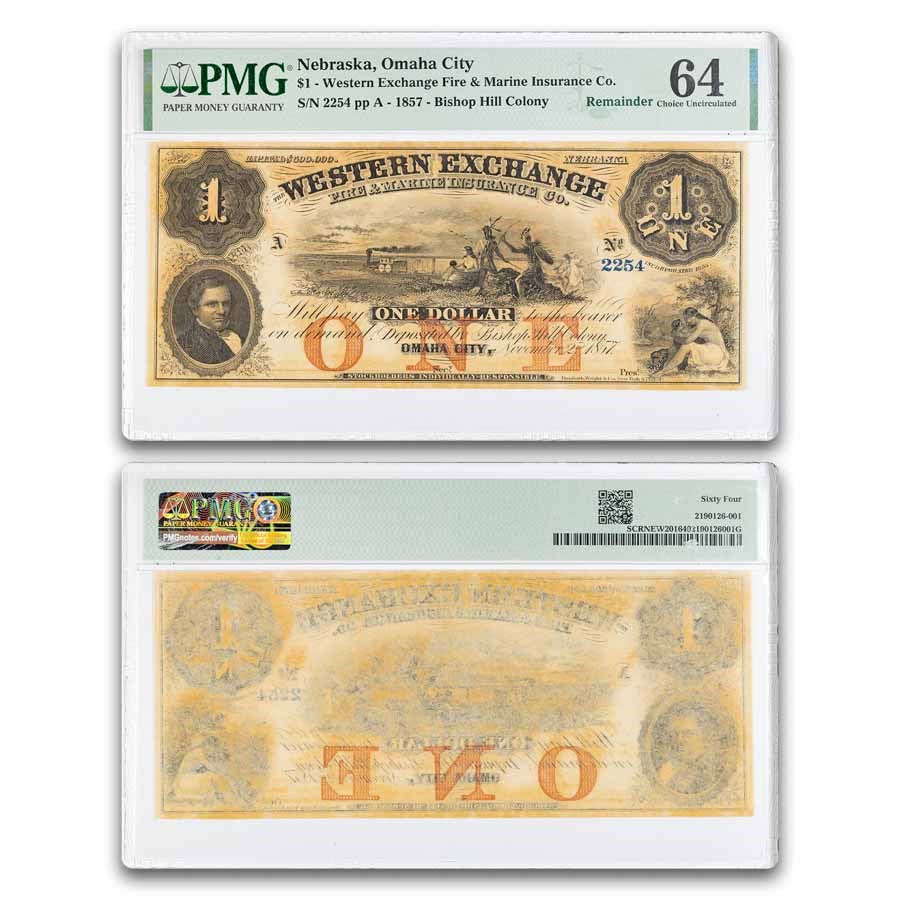 1850s $1 Western Exchange Omaha City, Nebraska CU-64 PMG