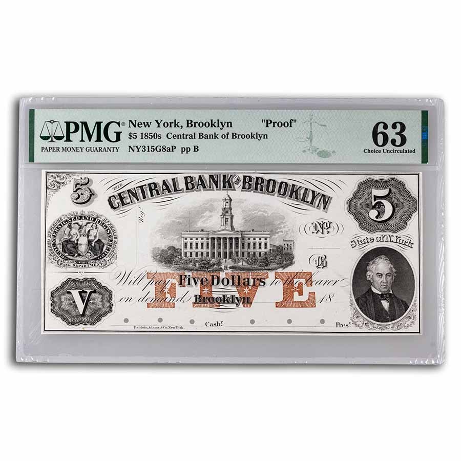 Buy 1850s $5.00 Central Bank of Brooklyn CU-63 PMG 