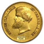 1851-1889 Brazil Gold 10,000 Reis Pedro II Avg Circ (Random)