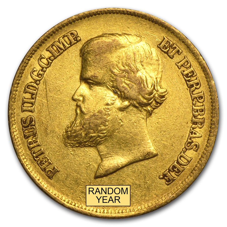 1851-1889 Brazil Gold 10,000 Reis Pedro II Avg Circ (Random)