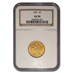 1851 $5 Liberty Gold Half Eagle AU-58 NGC