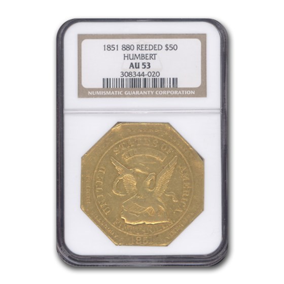 1851 $50 Humbert Gold Ingot U.S. Assay Office AU-53 NGC (Reeded) 1851 $50 Humbert Gold Ingot U.S. Assay Office AU-53 NGC (Reeded)