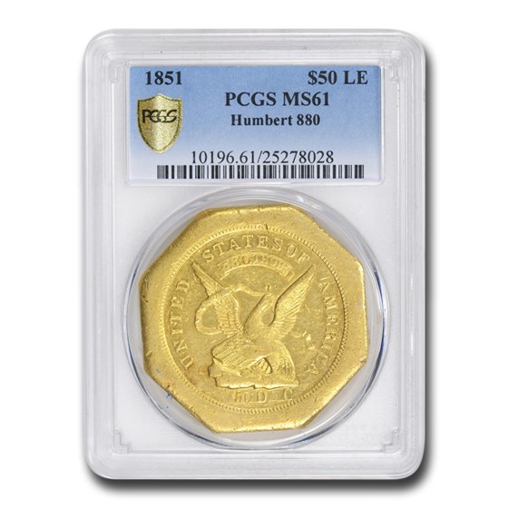 1851 $50 Humbert Gold Ingot U.S. Assay Office MS-61 PCGS (880) 1851 $50 Humbert Gold Ingot U.S. Assay Office MS-61 PCGS (880)