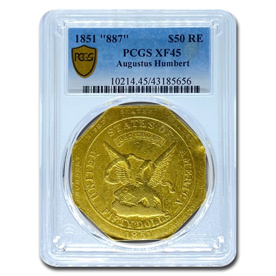 1851 $50 Humbert Gold Ingot U.S. Assay Office XF-45 PCGS (887) 1851 $50 Humbert Gold Ingot U.S. Assay Office XF-45 PCGS (887)