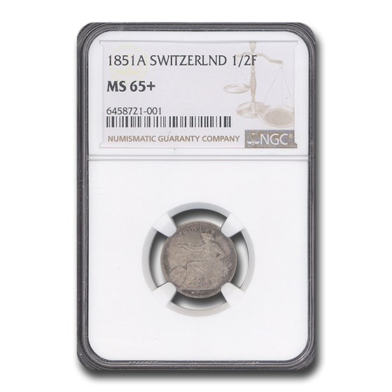1851-A Switzerland Silver 1/2 Franc MS-65+ NGC 1851-A Switzerland Silver 1/2 Franc MS-65+ NGC