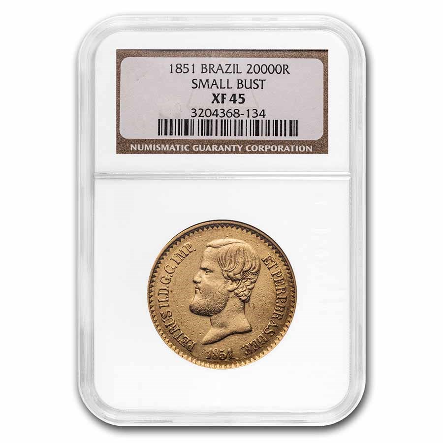1851 Brazil Gold 20,000 Reis Pedro II XF-45 NGC