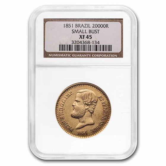 1851 Brazil Gold 20,000 Reis Pedro II XF-45 NGC 1851 Brazil Gold 20,000 Reis Pedro II XF-45 NGC
