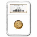 1851-D $5 Liberty Gold Half Eagle Weak D AU-55 NGC