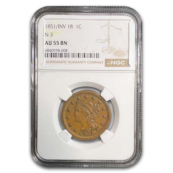 1851/INV 18 Large Cent AU-55 NGC (Brown) 1851/INV 18 Large Cent AU-55 NGC (Brown)