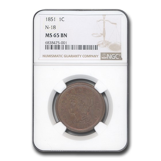 1851 Large Cent MS-65 NGC (Brown, N-18) 1851 Large Cent MS-65 NGC (Brown, N-18)