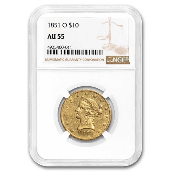 1851-O $10 Liberty Gold Eagle AU-55 NGC 1851-O $10 Liberty Gold Eagle AU-55 NGC