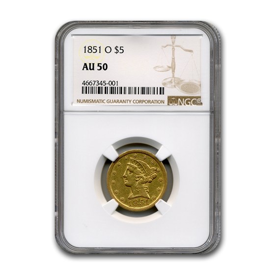 1851-O $5 Liberty Gold Half Eagle AU-50 NGC 1851-O $5 Liberty Gold Half Eagle AU-50 NGC