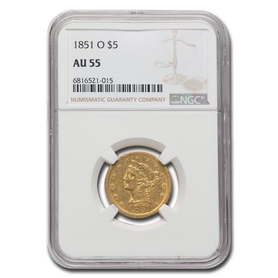 1851-O $5 Liberty Gold Half Eagle AU-55 NGC 1851-O $5 Liberty Gold Half Eagle AU-55 NGC