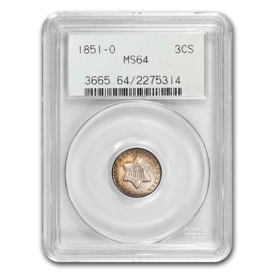 1851-O Three Cent Silver MS-64 PCGS (Old Gen Holder)