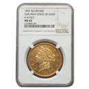 1851 State of California $20 Pattern MS-62 NGC (K-4, GILT) 1851 State of California $20 Pattern MS-62 NGC (K-4, GILT)