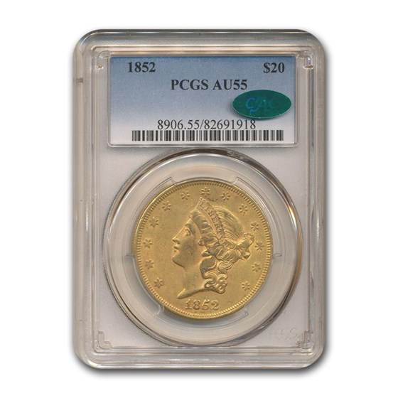 1852 $20 Liberty Gold Double Eagle AU-55 PCGS CAC
