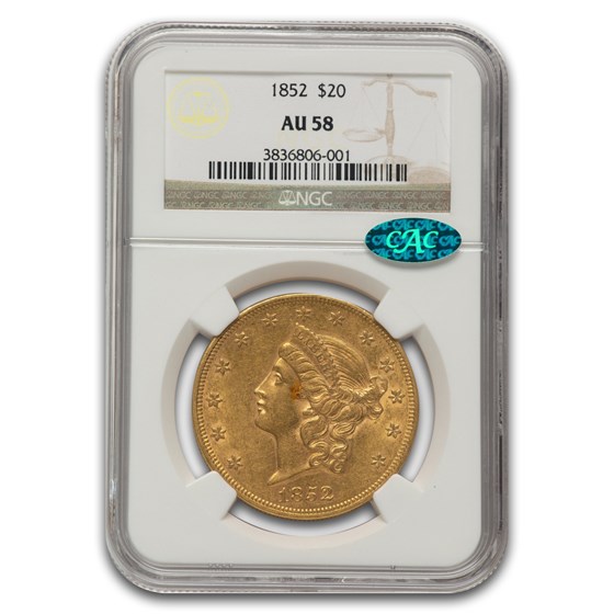 1852 $20 Liberty Gold Double Eagle AU-58 NGC CAC