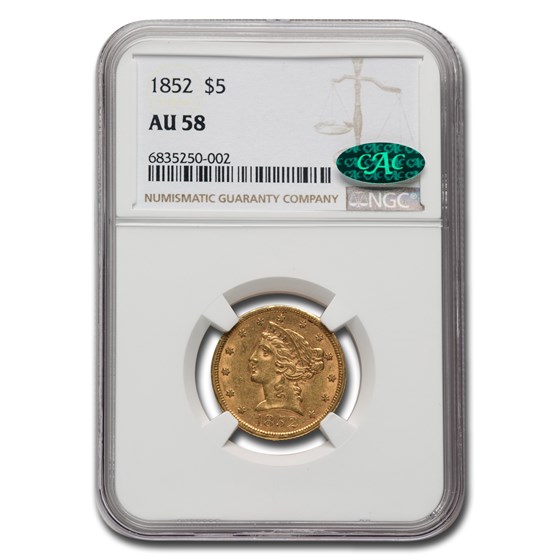 1852 $5 Liberty Gold Half Eagle AU-58 NGC CAC 1852 $5 Liberty Gold Half Eagle AU-58 NGC CAC