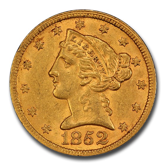 1852 $5 Liberty Gold Half Eagle AU-58 PCGS CAC 1852 $5 Liberty Gold Half Eagle AU-58 PCGS CAC
