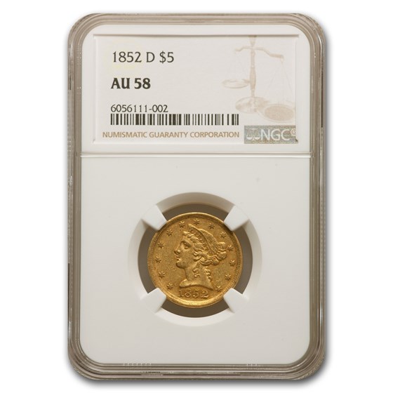 1852-D $5 Liberty Gold Half Eagle AU-58 NGC 1852-D $5 Liberty Gold Half Eagle AU-58 NGC